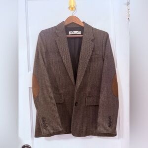 Zara Men's Brown Houndstooth Blazer with Elbow Patches